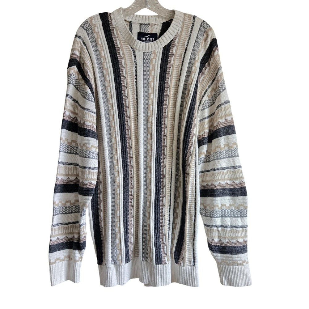 Hollister XL Sweater Mens Cream Grey Tan Excellent Vertical Stripe Knit Crewneck